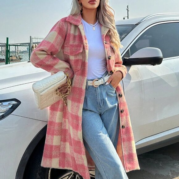 . Jackets & Blazers - Multicolor Casual Womens Plaid Print Flap Pocket Overcoat